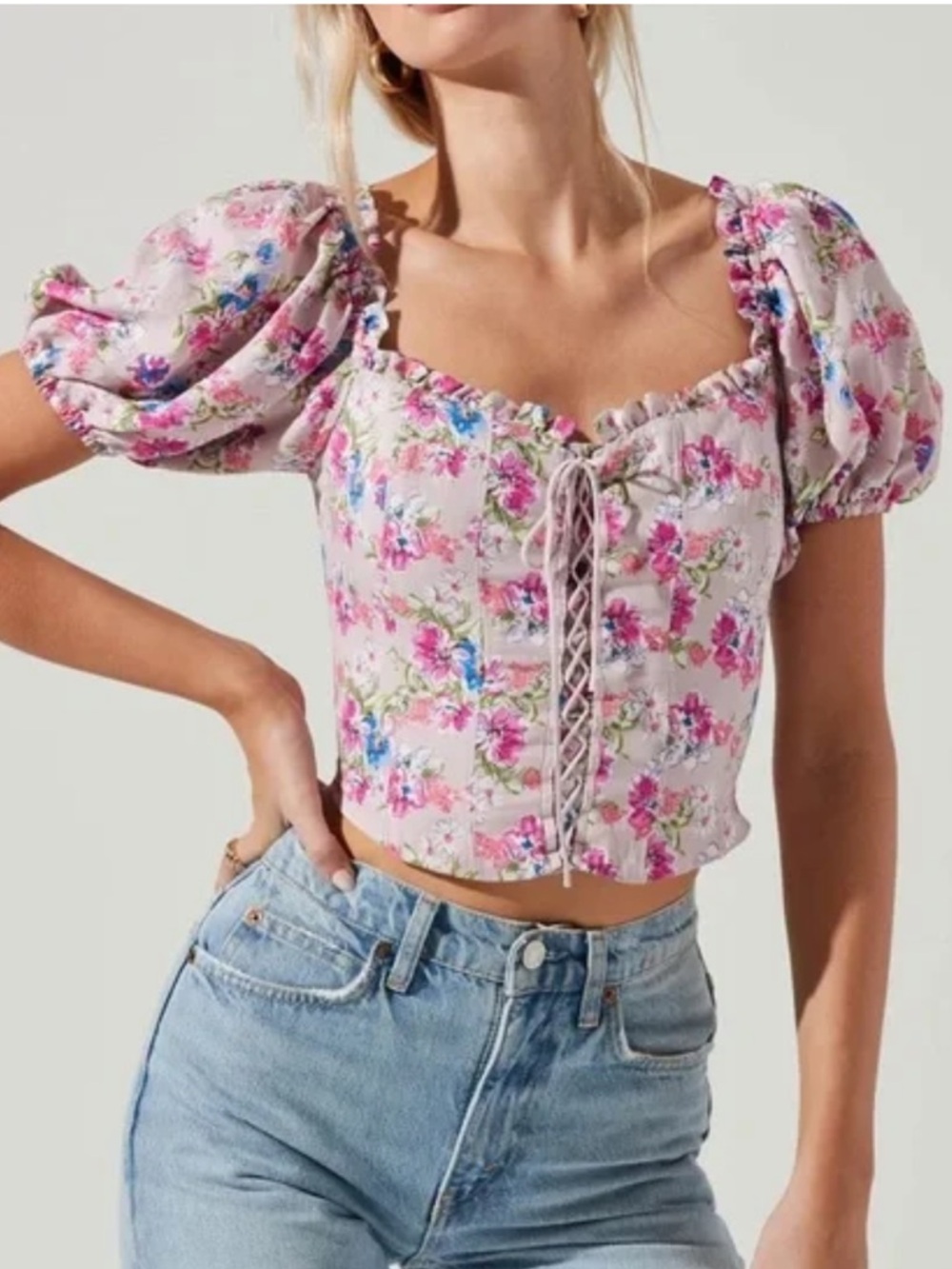 ASTR THE LABEL,  Lace-Up Floral Puff Sleeve Top in Purple Multi Flora, Size S